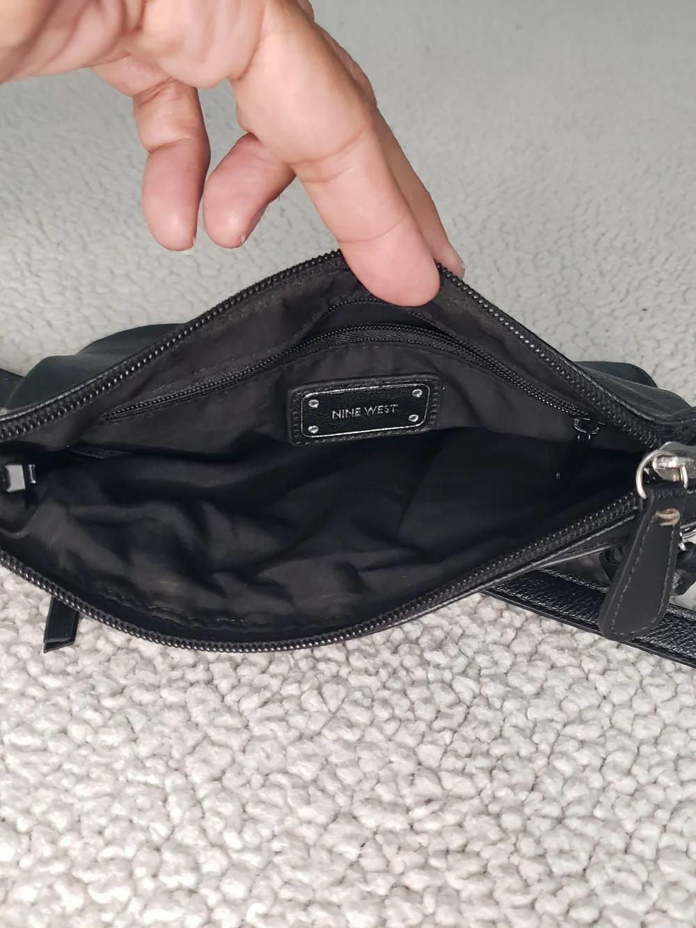 NINE WEST Black Leather Crossbody Bag with Three Front Zippers | Medium